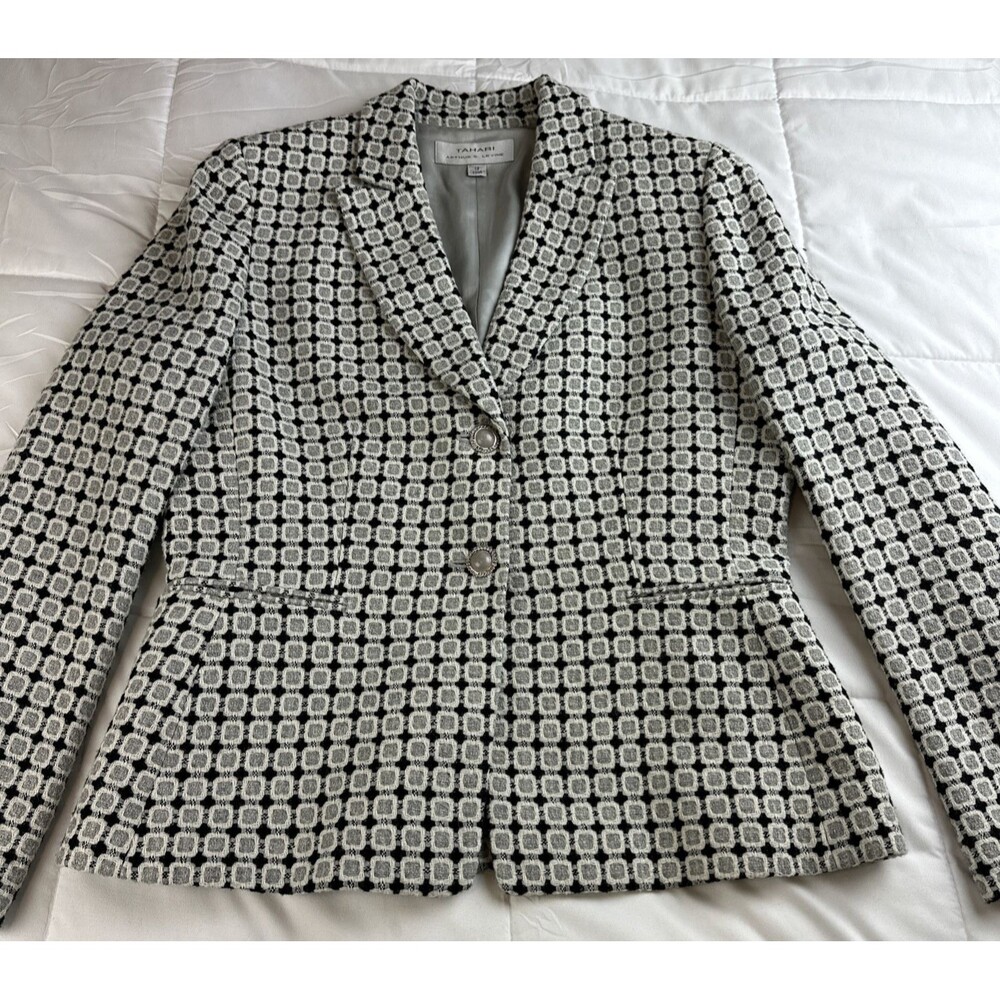 Tahari Arthur S. Levine Textured Blazer Size 12 Gray Black White Geometric